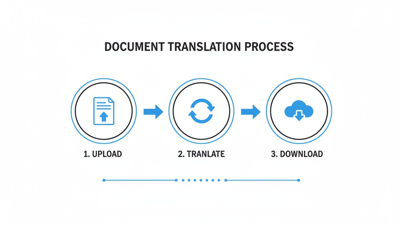 Przejrzysta infografika ilustrująca trzystopniowy proces tłumaczenia dokumentów: przesłanie, tłumaczenie i pobieranie.