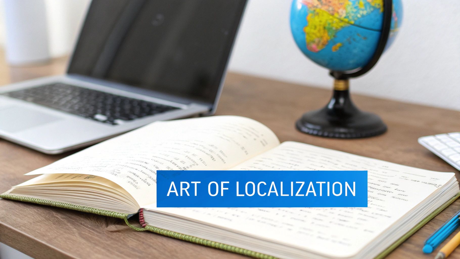Biurko z otwartym notatnikiem wyświetlającym tekst „ART OF LOCALIZATION