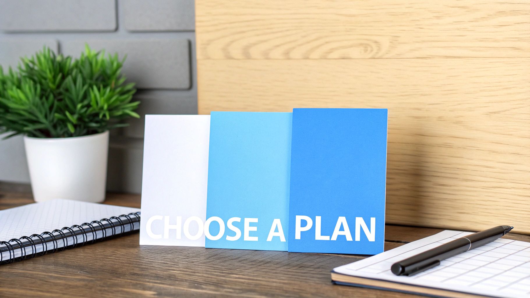 Três cartões exibindo 'ESCOLHA UM PLANO' em uma mesa de madeira com cadernos, uma caneta e uma planta.