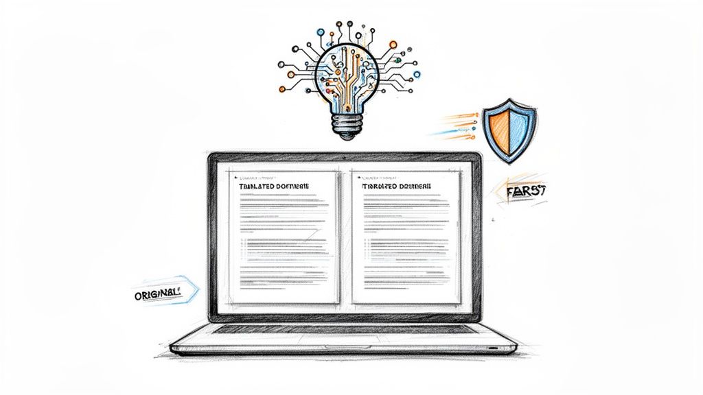 A laptop screen displays translated documents, with a circuit board lightbulb and security shield representing secure AI translation.