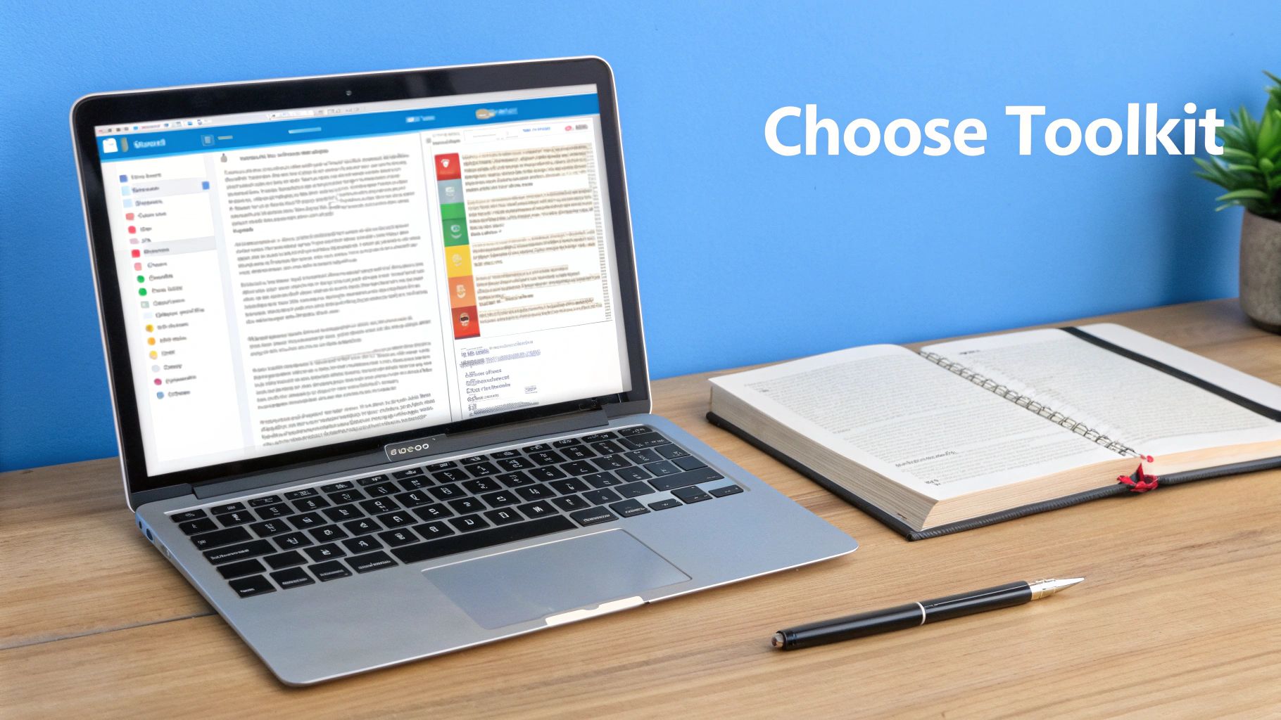 Laptop wyświetlający edytor tekstu i otwarty notatnik na drewnianym biurku z niebieskim tłem.