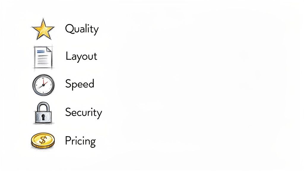 A list of five key features for a service, including quality, layout, speed, security, and pricing, each with a corresponding icon.