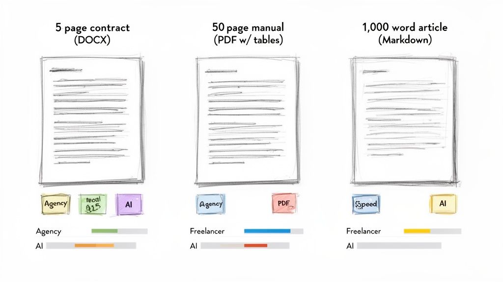 An infographic comparing the cost and effort of translating various document types using human vs. AI.