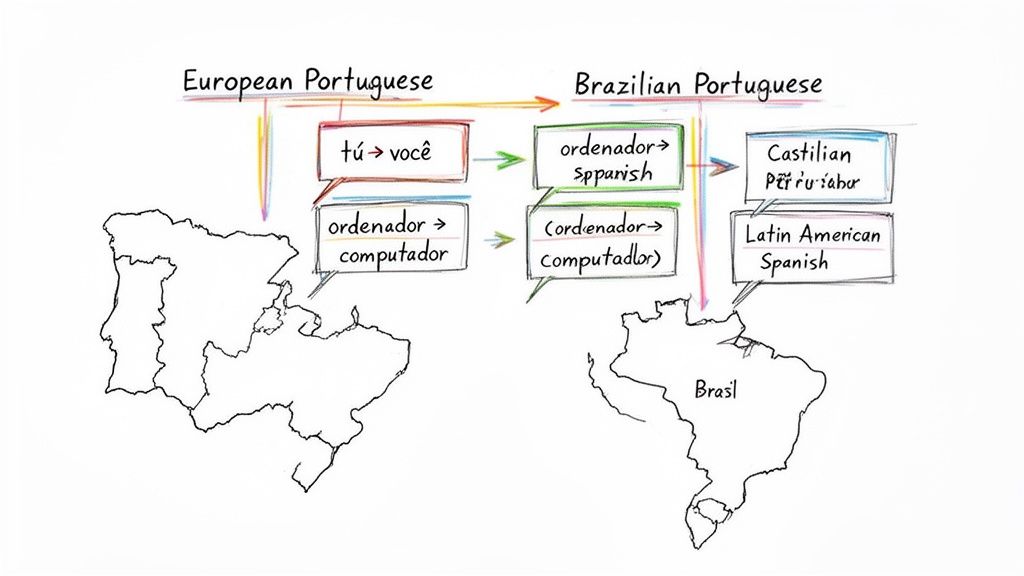 Um diagrama comparando as diferenças linguísticas entre o português europeu e brasileiro, incluindo influências espanholas.