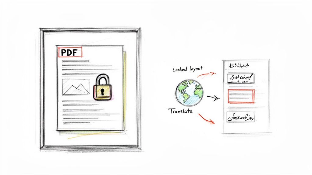 Diagram depicting the translation workflow for a locked PDF document while preserving its layout.