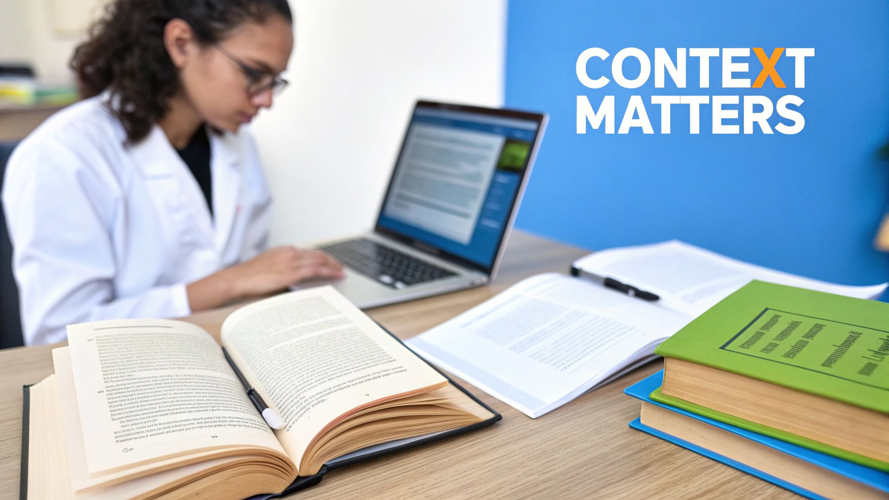 Pracownik naukowo-badawczy w białym fartuchu pracuje na laptopie otoczony książkami i papierami. Widoczny napis „KONTEKST MA ZNACZENIE