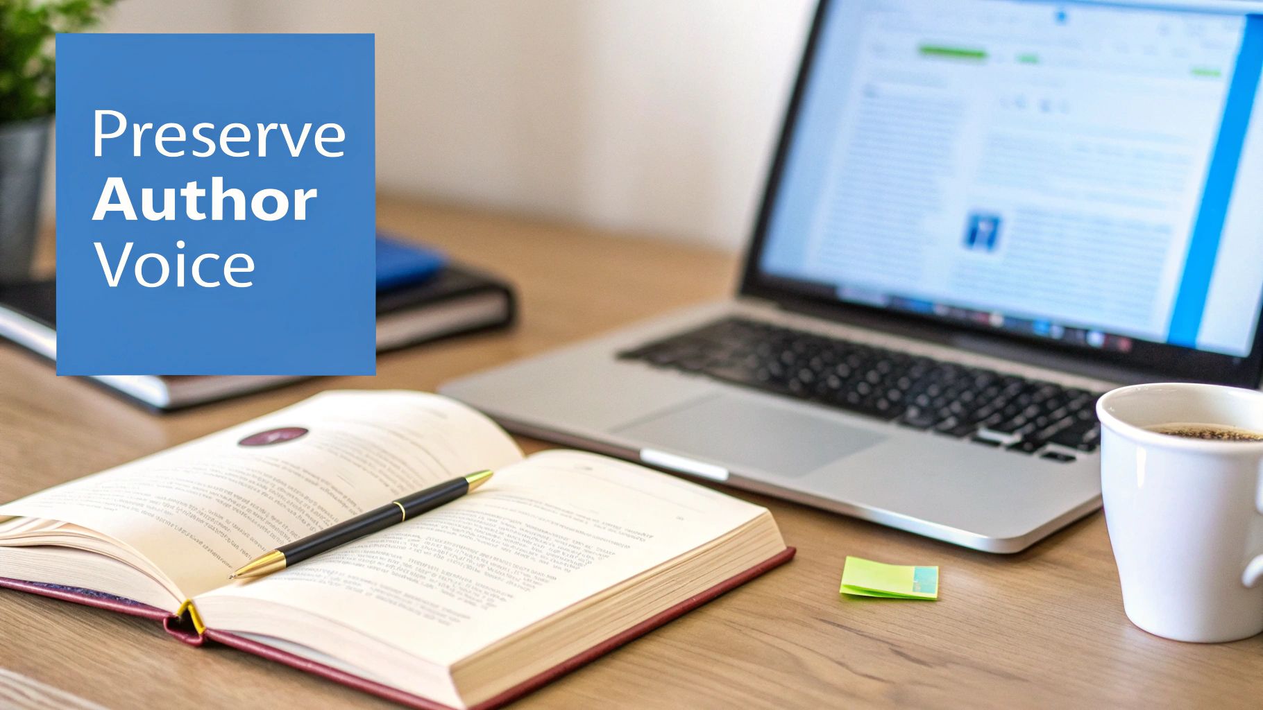 Biurko z otwartą książką, piórem, laptopem, kawą i tekstem „Preserve Author Voice