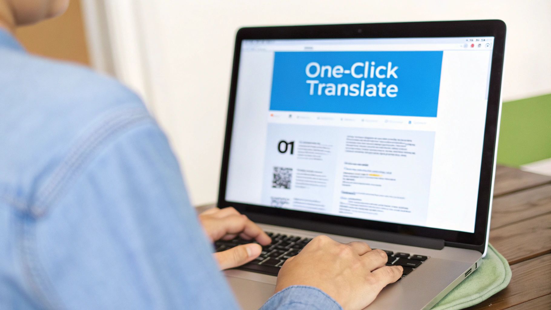 Person typing on a laptop, viewing a webpage titled 'One-Click Translate' with text and QR code.