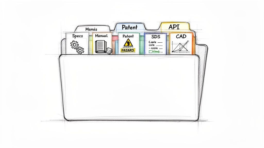 A sketch of a file folder organizing various technical documents: specs, manuals, patents, SDS, and CAD.