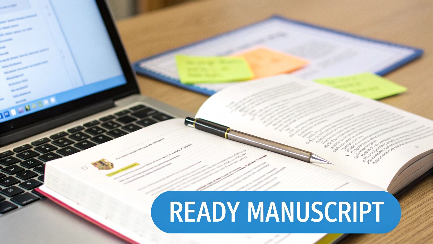 एक लैपटॉप, एक खुली किताब एक कलम के साथ, और एक डेस्क पर नोट्स, एक तैयार पांडुलिपि का प्रतिनिधित्व करते हैं।