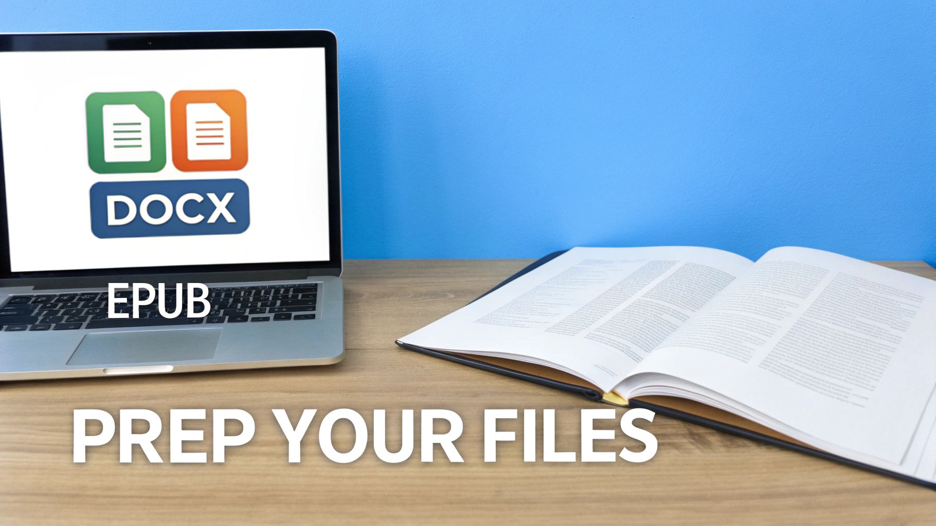 جهاز كمبيوتر محمول يعرض رموز ملفات DOCX و EPUB وكتاب مفتوح ونص "حضر ملفاتك".