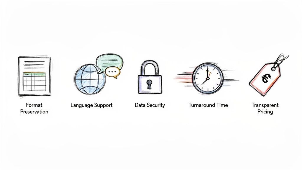 Illustrations depicting format preservation, language support, data security, fast turnaround time, and transparent pricing.