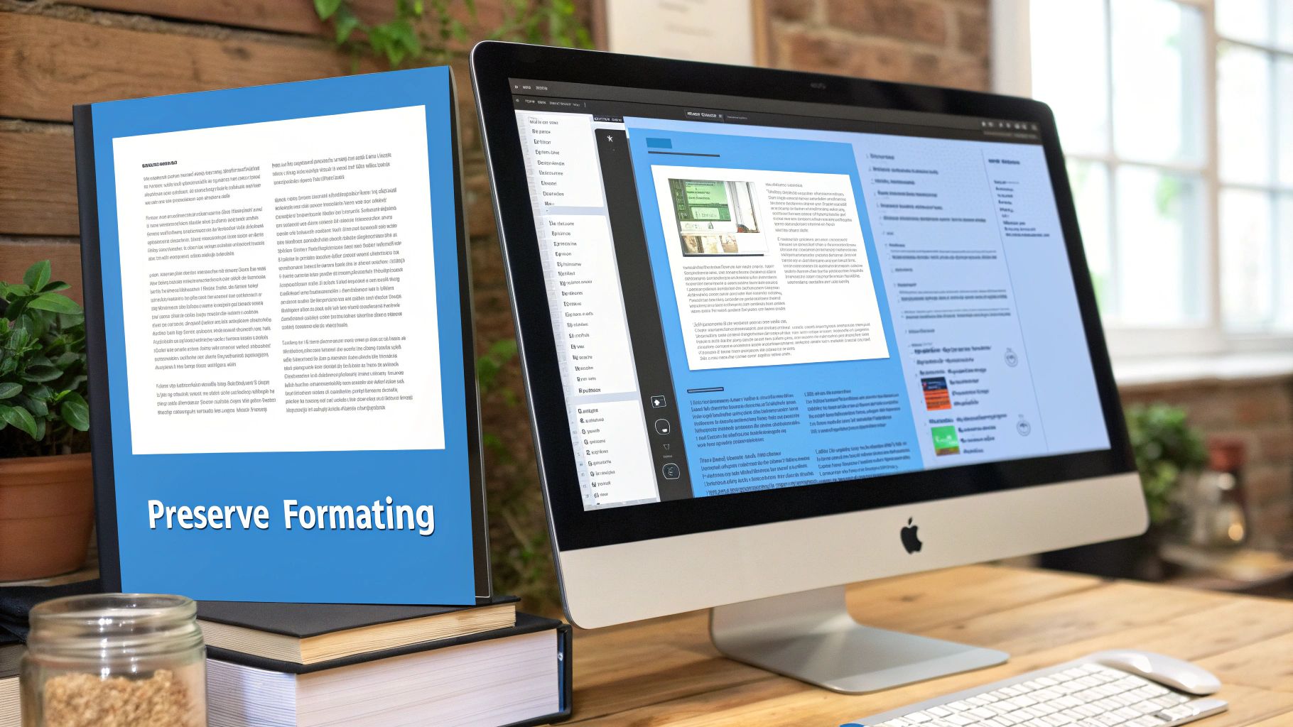 A document with 'Preserve Formatting' text next to a computer displaying a similar document, emphasizing layout retention.