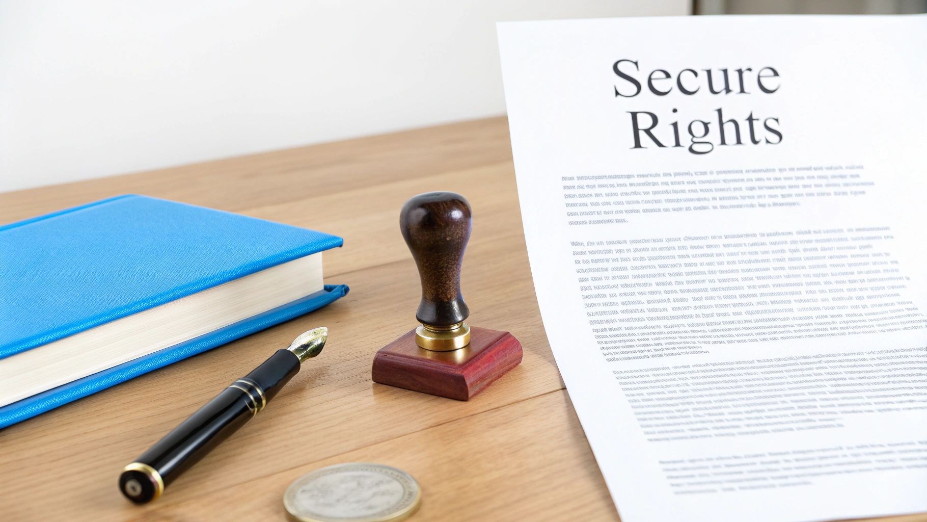 'Secure Rights'라는 제목의 법적 문서, 우표, 펜, 책, 동전이 나무 책상 위에 있는 이미지.