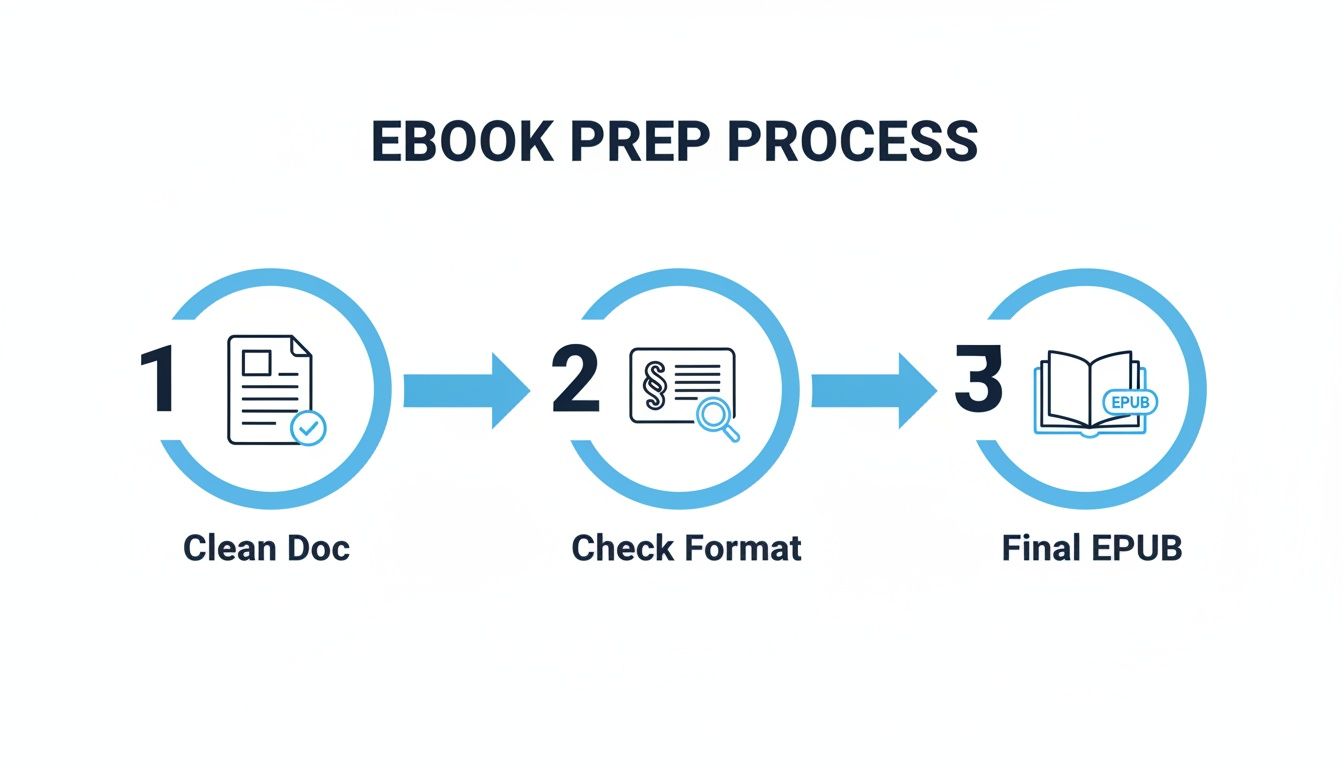 Infografía que muestra un proceso de preparación de libro electrónico de tres pasos: documento limpio, verificar formato, crear EPUB final.