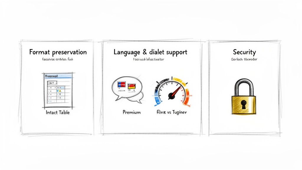 Hand-drawn sketches illustrate three key service features: format preservation, language support, and security with icons.