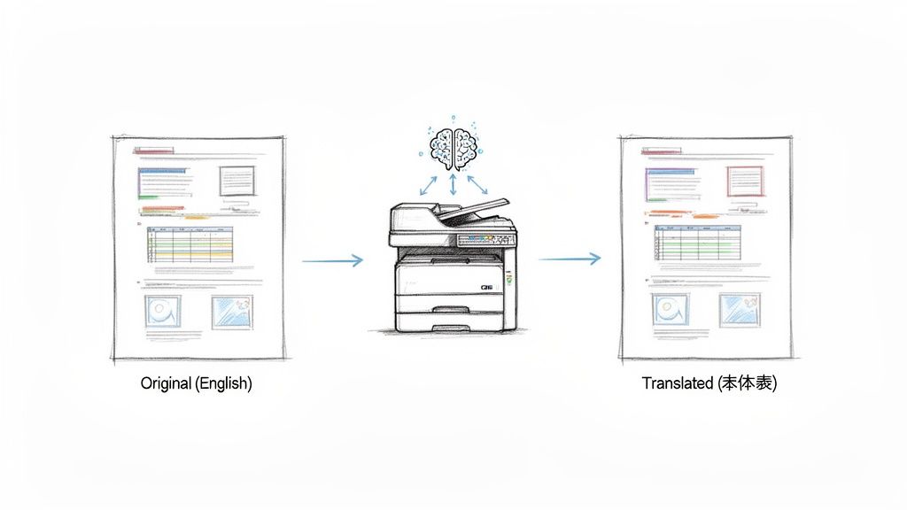 Diagrama que muestra un documento en inglés siendo escaneado por una impresora multifunción inteligente para su traducción al japonés.