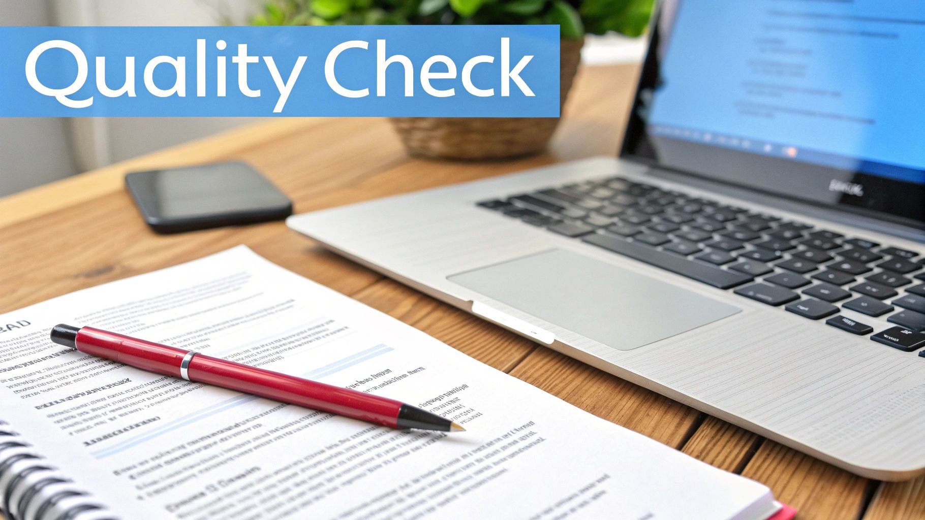 质量检查横幅在办公桌上，有笔记本电脑、文件、红笔和智能手机。