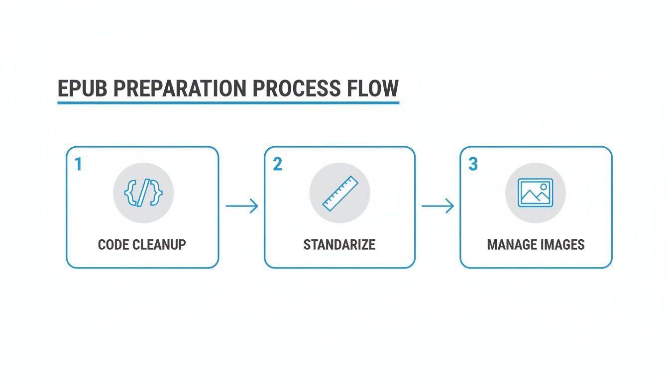 Trzystopniowy proces przygotowania EPUB pokazujący czyszczenie kodu, standaryzację i zarządzanie obrazami.