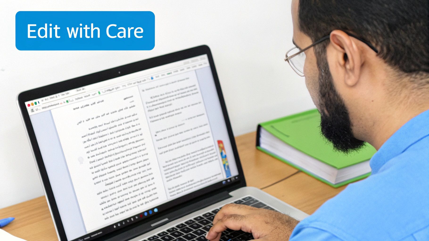 Ein Mann mit Brille und Bart tippt konzentriert auf einem Laptop und bearbeitet ein Dokument sorgfältig.