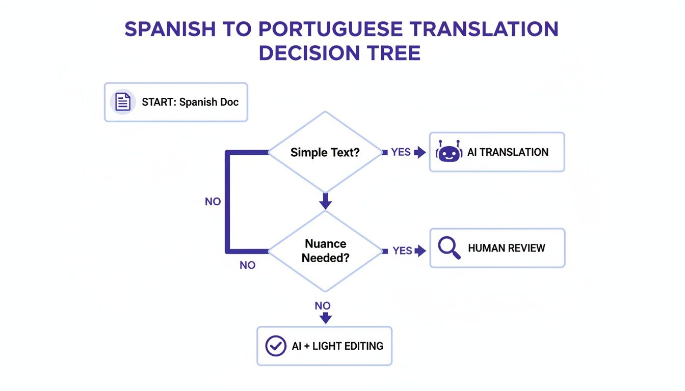 Um fluxograma de árvore de decisão mostrando os passos para a tradução de espanhol para português, de texto simples a conteúdo com nuances.