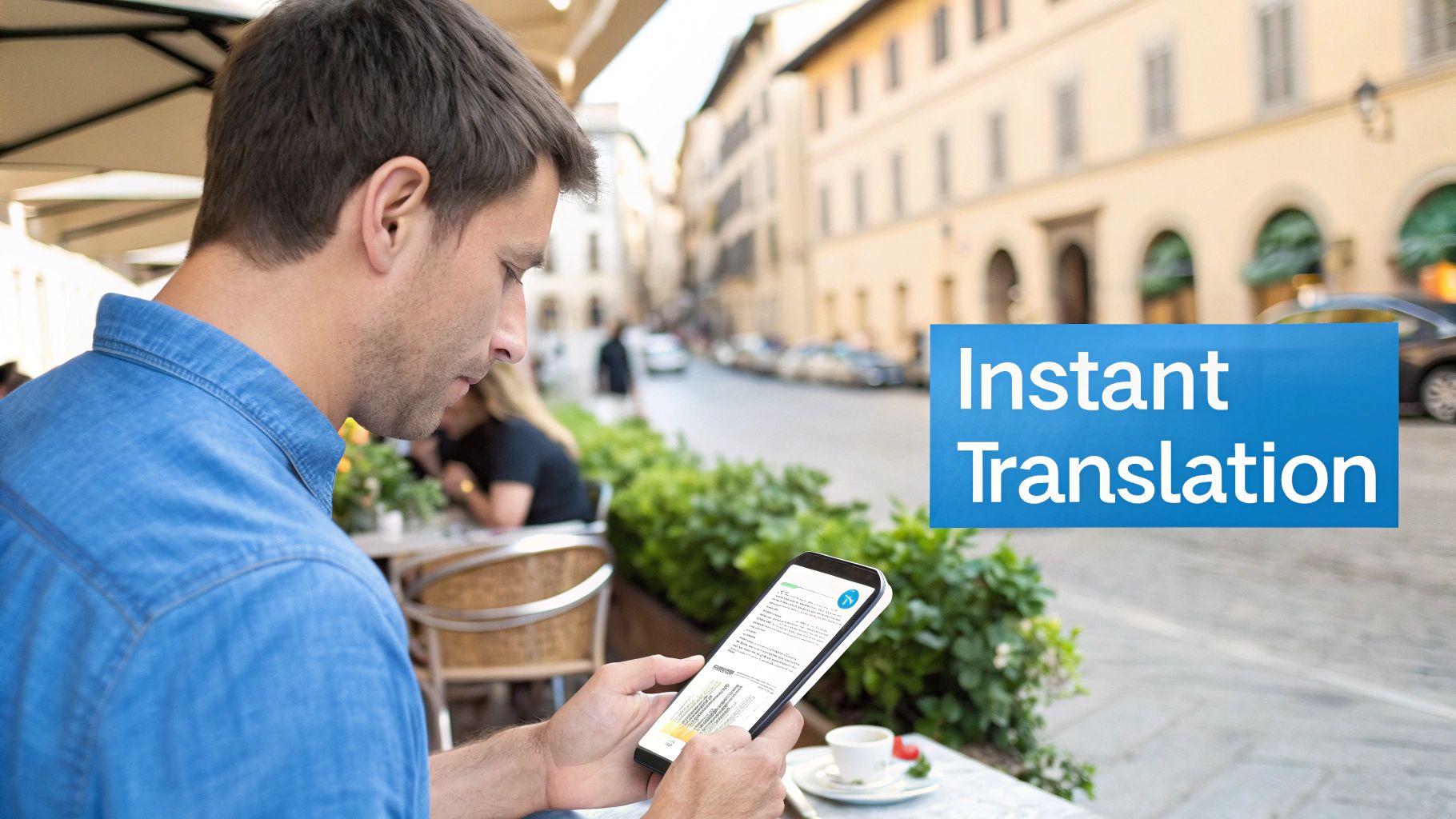 Um homem usa um smartphone para tradução instantânea em um café ao ar livre na Europa.