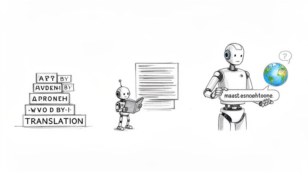 An illustration of AI robots performing translation, learning from texts and communicating globally.