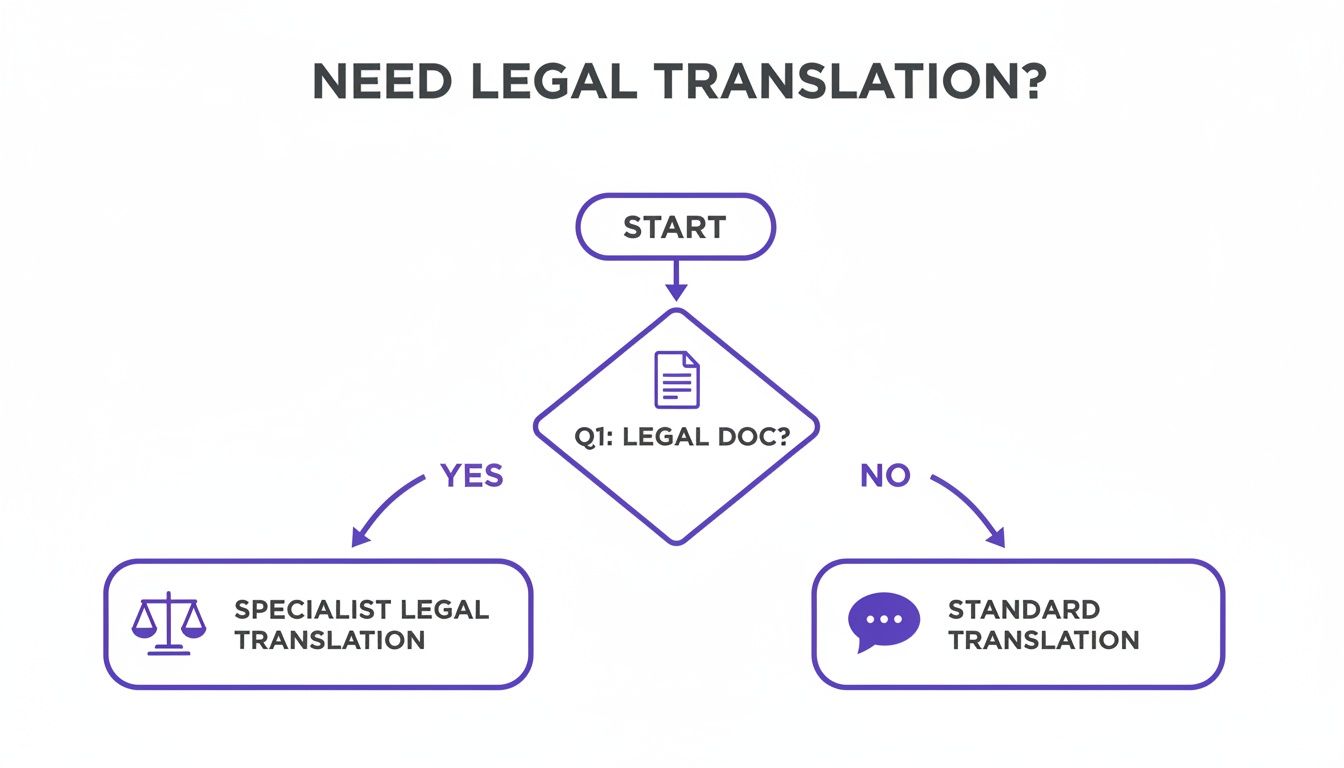 Flowchart demonstrating whether to choose specialist legal or standard translation services.