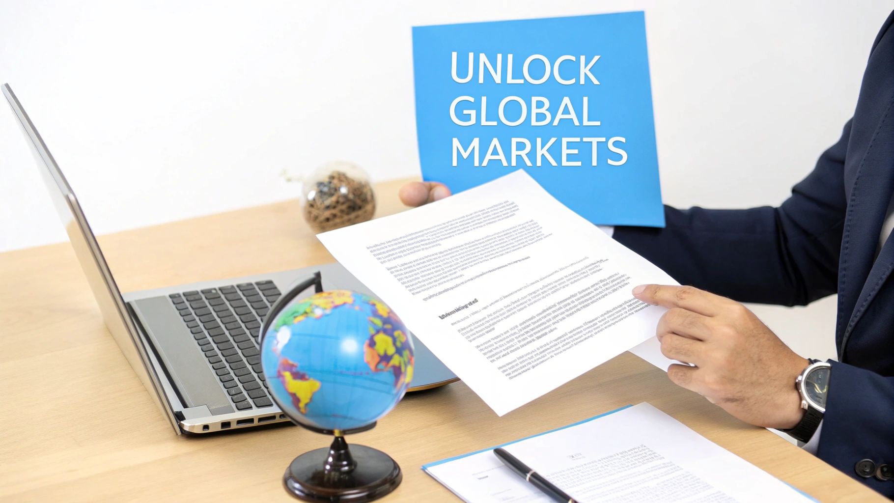 شخص يراجع مستند على مكتب به جهاز كمبيوتر محمول وكرة أرضية وعلامة "فتح الأسواق العالمية".