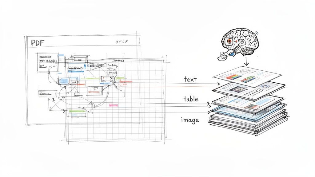 A diagram shows a PDF being processed into layers of text, tables, and images by an AI brain.