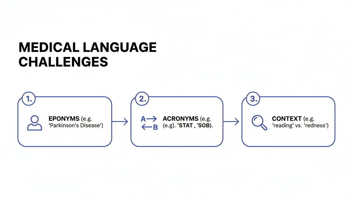 Infographic met drie uitdagingen in medische taal: eponiemen, acroniemen en kritische context voor nauwkeurige vertaling.