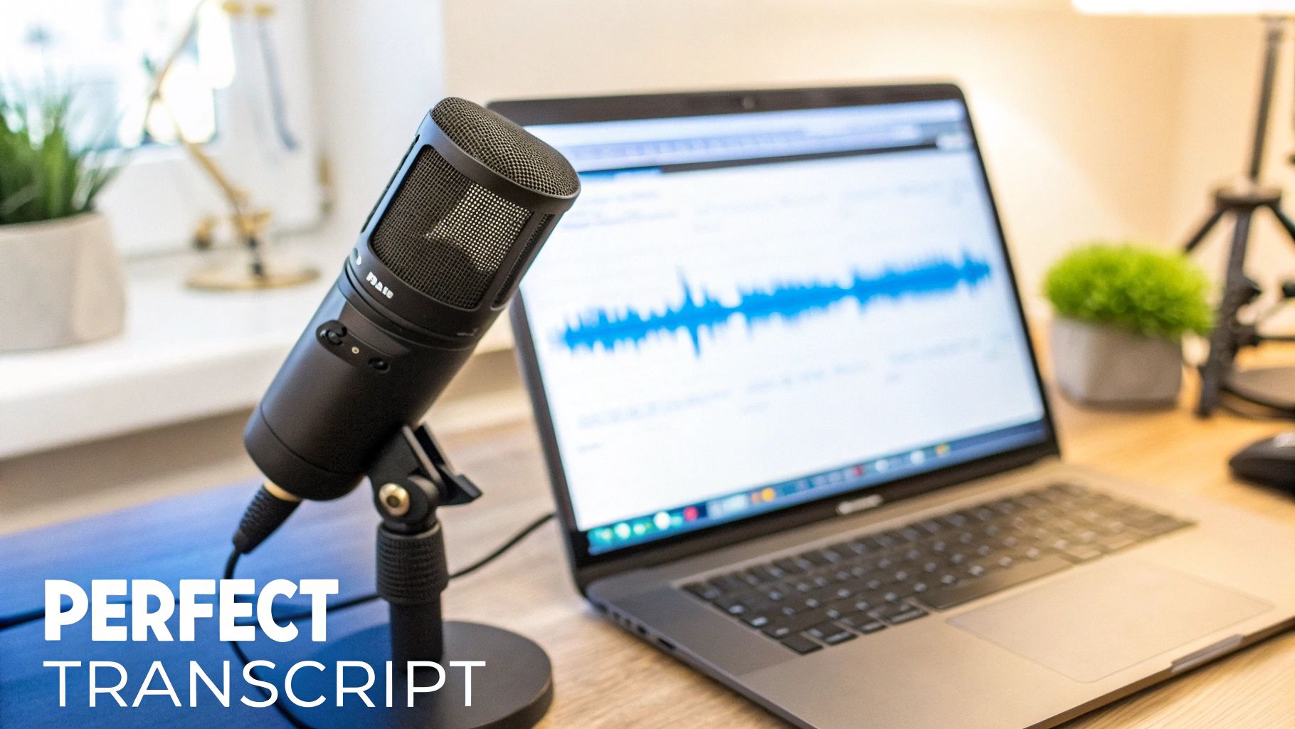 A black studio microphone next to a laptop displaying an audio waveform, with "Perfect Transcript" text.