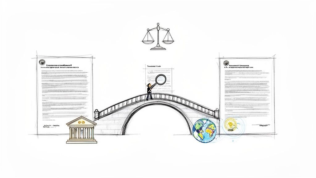 Processus de traduction de documents juridiques illustré avec des balances de justice, des documents, un pont et une figure avec une loupe.