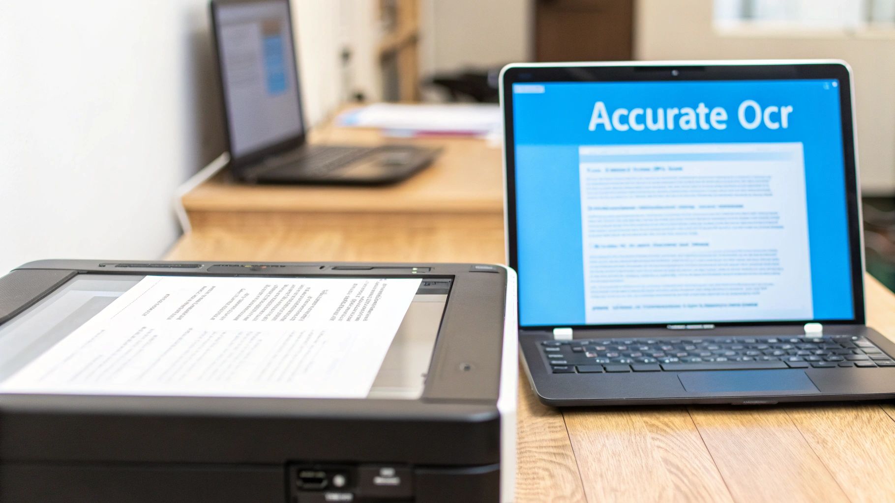 평면 스캐너에서 스캔되는 문서와 '정확한 OCR'이 표시된 노트북 옆.