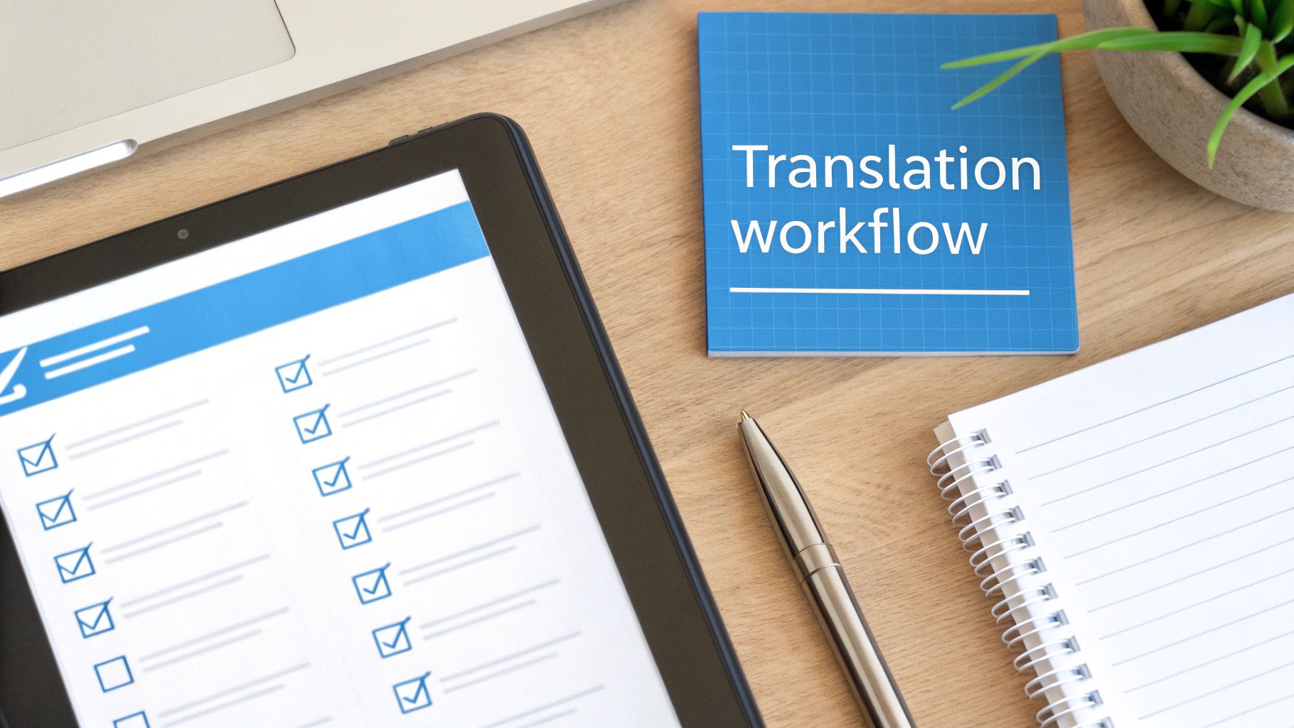 Overhead view of a tablet with a checklist, and a blue notebook labeled 'Translation workflow'.