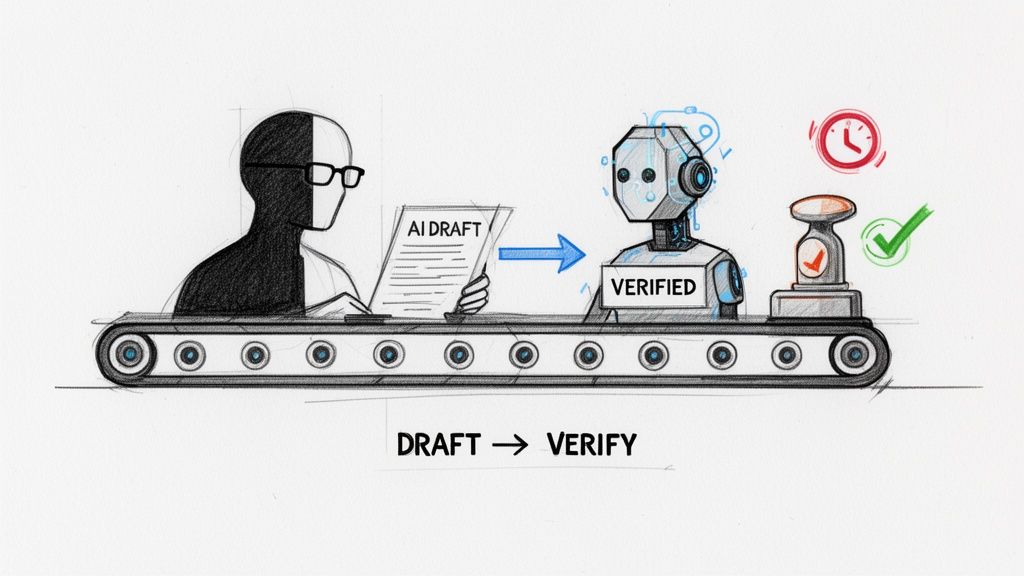 A human drafts an AI document which is then verified by a robot on a conveyor belt, symbolizing an efficient workflow.