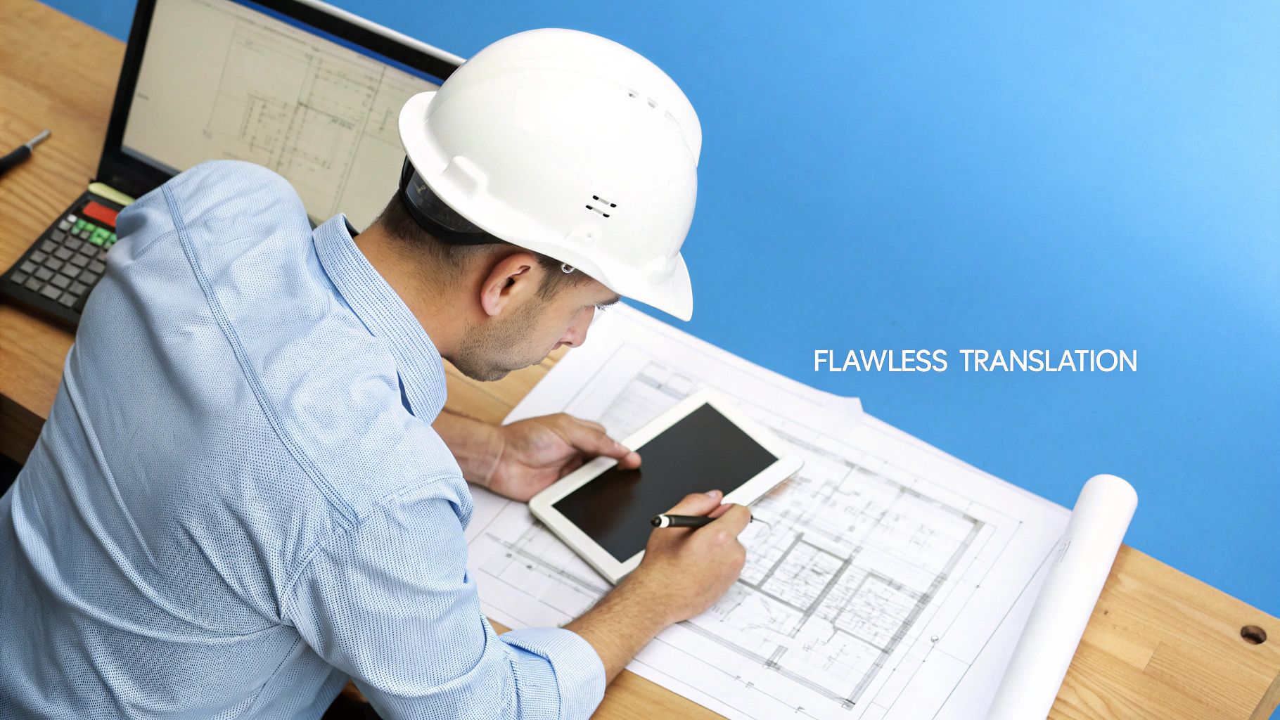 흰색 안전모를 쓴 엔지니어가 나무 책상 위의 청사진과 태블릿을 검토하며 완벽한 번역을 강조하고 있습니다.