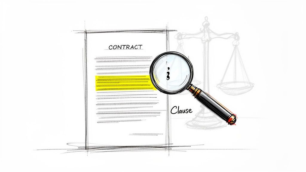 A magnifying glass inspecting a highlighted legal clause in a contract document with scales of justice.