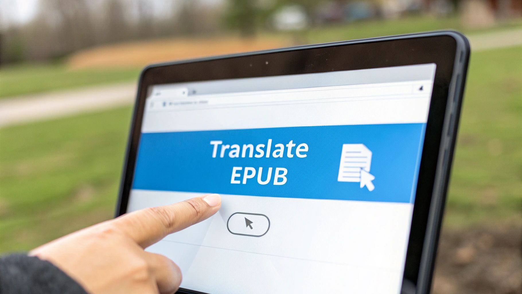A finger taps a tablet screen displaying 'Translate EPUB' next to a file icon, outdoors.