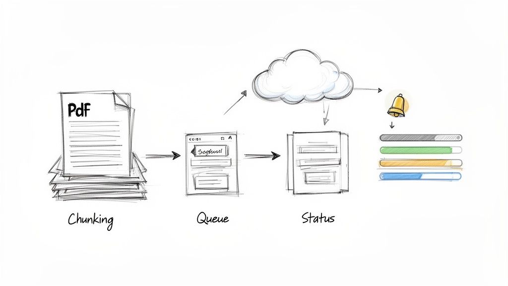 Um diagrama esboçado ilustra um fluxo de trabalho de processamento de documentos PDF: fragmentação, enfileiramento, interação na nuvem, status e barras de progresso.