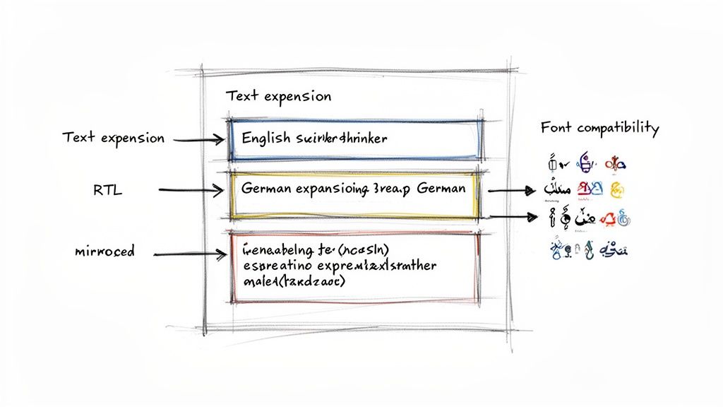 رسم توضيحي يوضح تمدد النص، اللغات من اليمين إلى اليسار، النص المعكوس، ومشاكل توافق الخطوط.