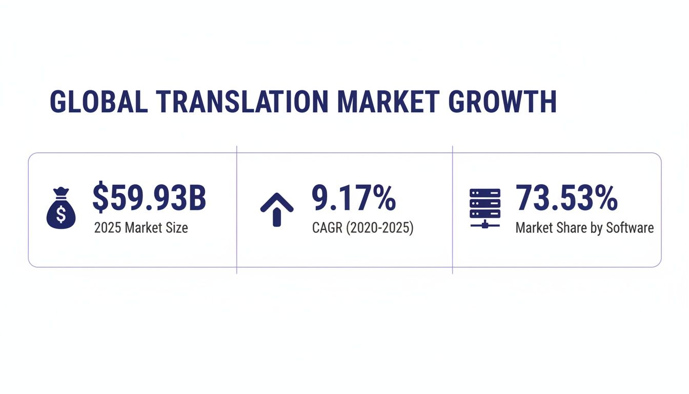 Infographic showing global translation market growth with 2025 market size, CAGR, and software market share.
