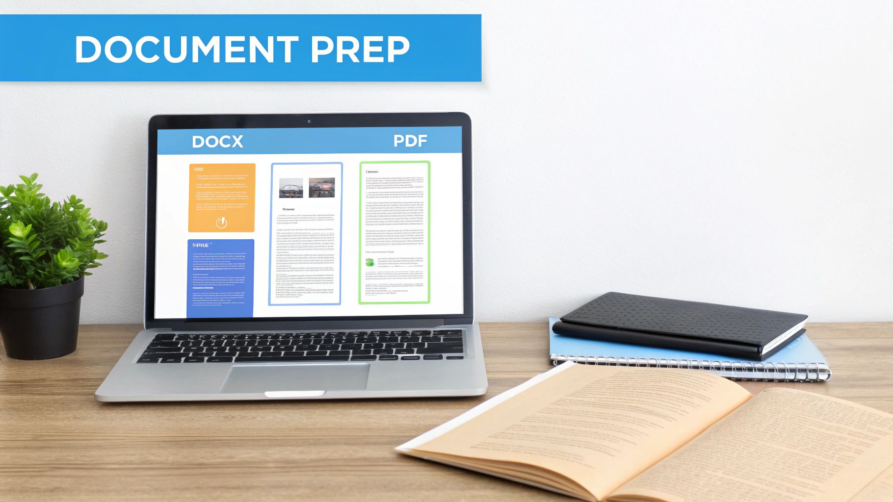 나무 책상 위의 노트북에 '문서 준비' 표시와 문서 섹션, 식물, 노트북, 열린 책이 있습니다.