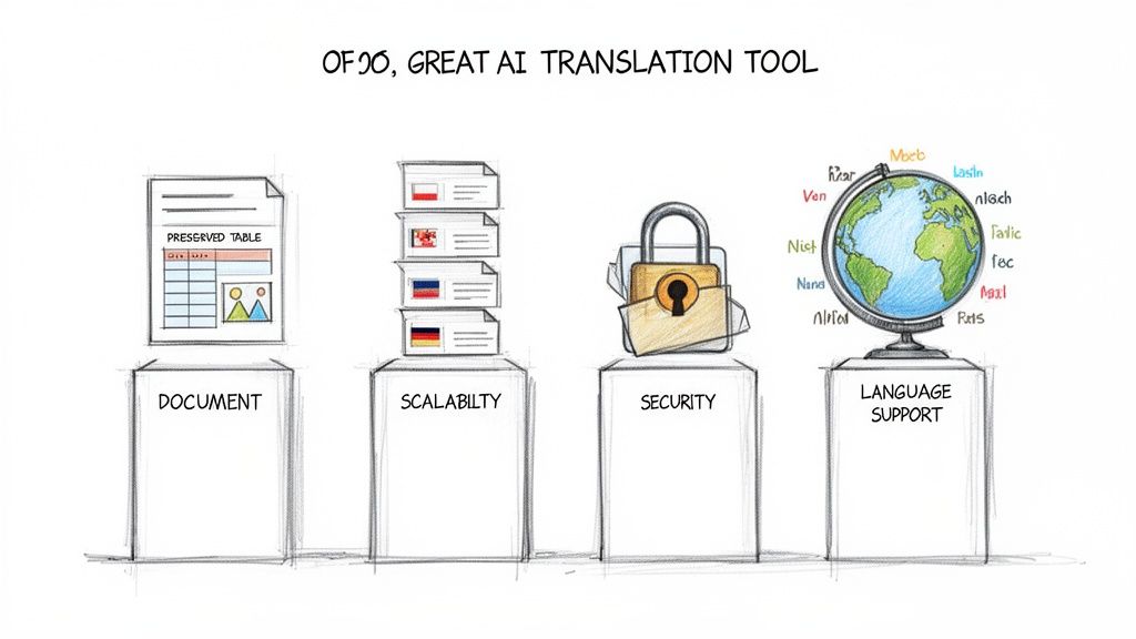 Illustration of an AI translation tool's key features: document preservation, scalability, security, and broad language support.