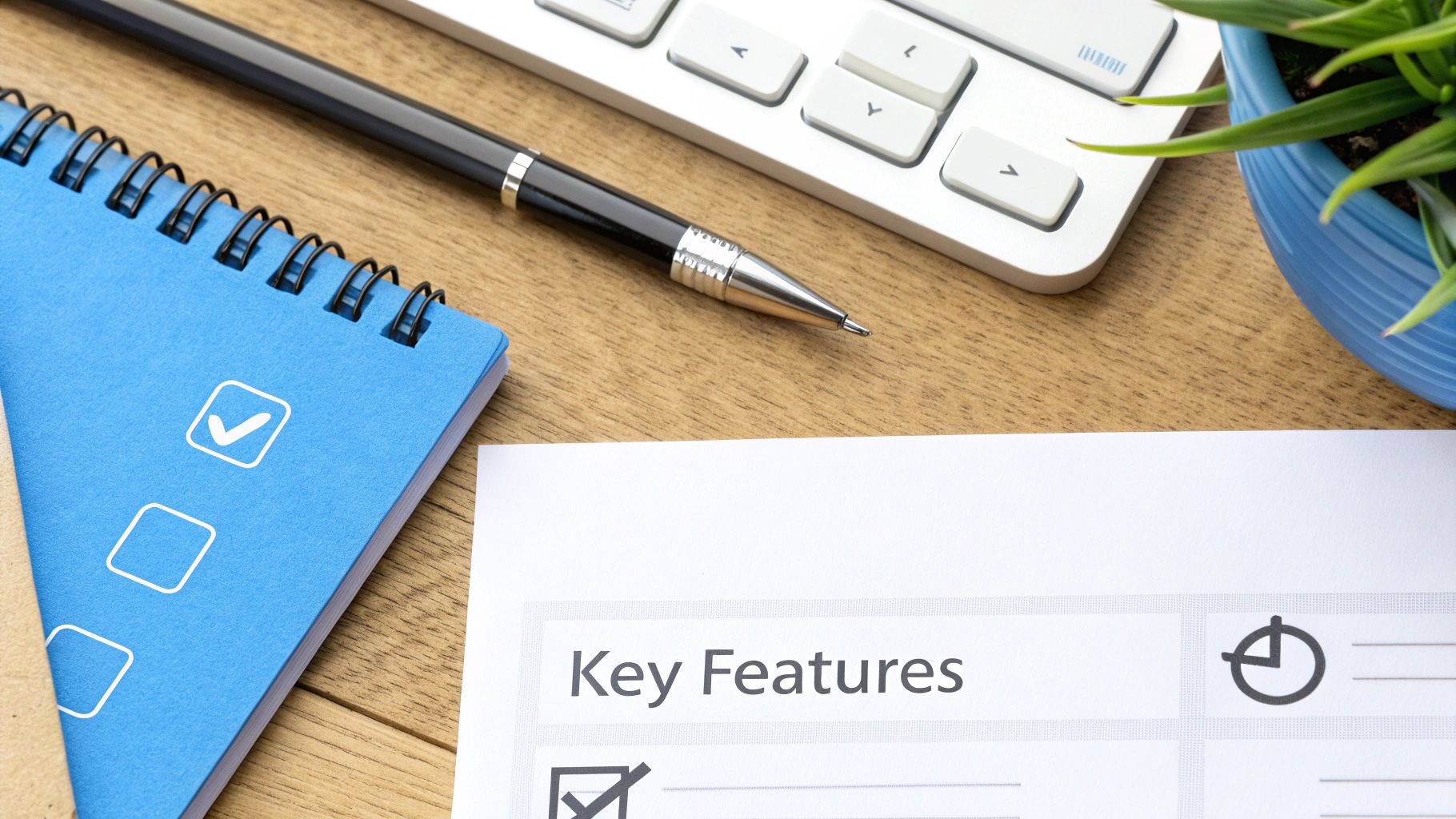 Vue de dessus d'un bureau avec un cahier de liste de contrôle bleu, un stylo, un clavier et un document « Fonctionnalités clés ».