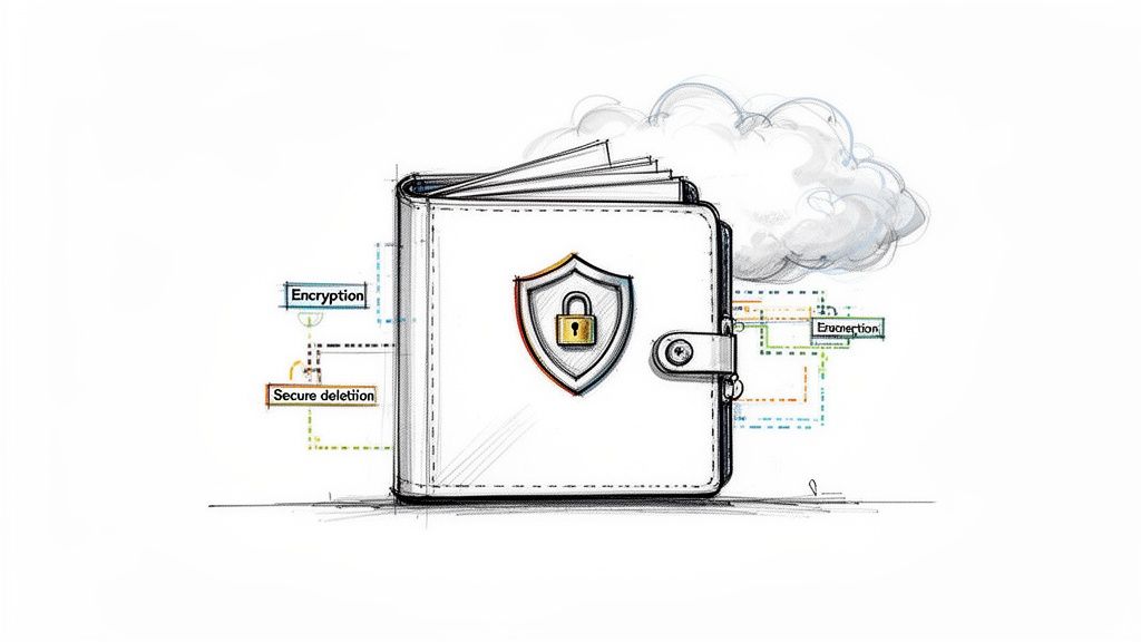 Uno schizzo di un portafoglio digitale con uno scudo a lucchetto, collegato a un cloud, che evidenzia la crittografia e la cancellazione sicura.