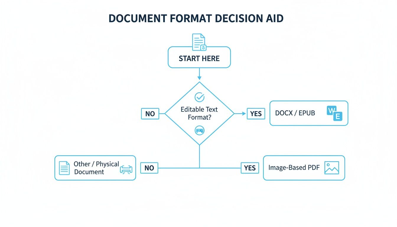 A flowchart titled 'Document Format Decision Aid' guides users through document format choices like DOCX/EPUB, Image-Based PDF, or Physical documents.