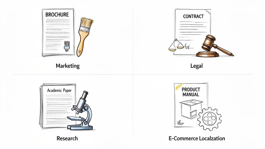 Illustraties van documenten voor marketing, juridische, onderzoeks- en e-commerce lokalisatiedoeleinden.