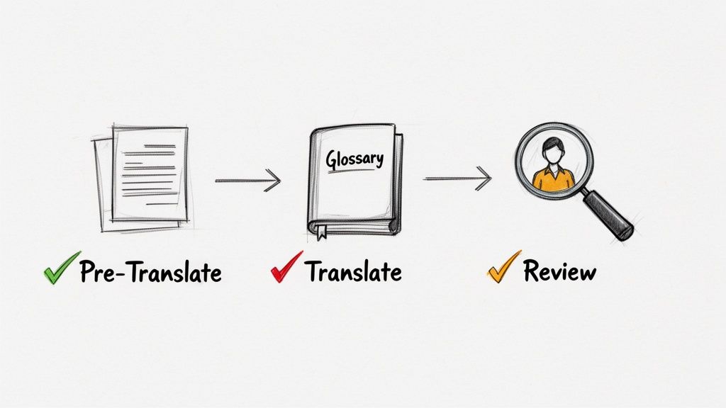 Diagram illustrating a three-step process: Pre-Translate, Translate using a Glossary, and Review.
