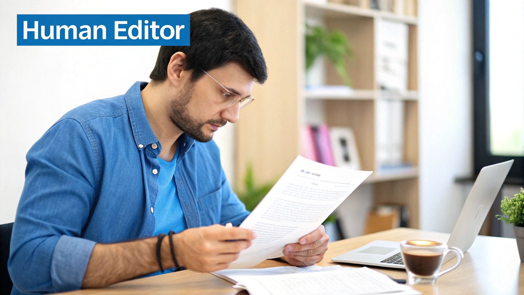 一个戴眼镜穿着蓝色衬衫的男人审查文件,桌子上有笔记本电脑和咖啡。文字:人工编辑。